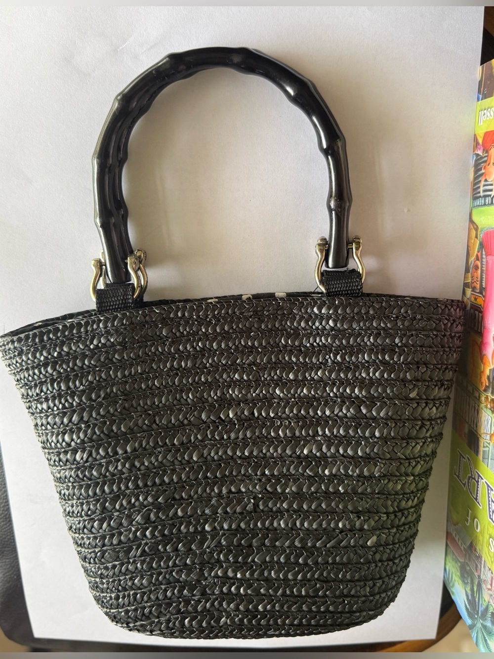 Black 1980s St John’s Bay Woven Handbag with Bamboo Handles polka dot lining